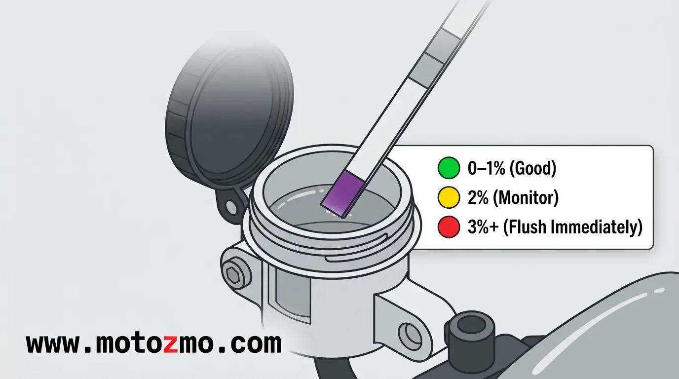 How Often to Change Motorcycle Brake Fluid 3 Illustration of a brake fluid test strip dipped in a reservoir with a moisture level color chart