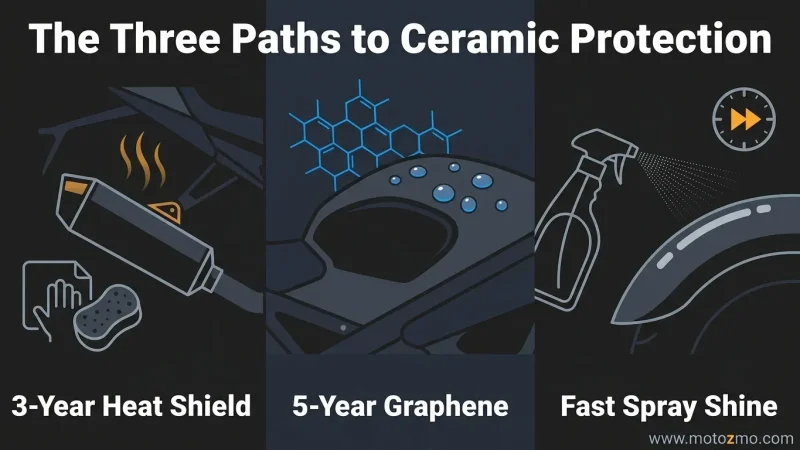 Home 33 Illustrated comparison guide showing high-heat, graphene, and quick-spray motorcycle ceramic coating options