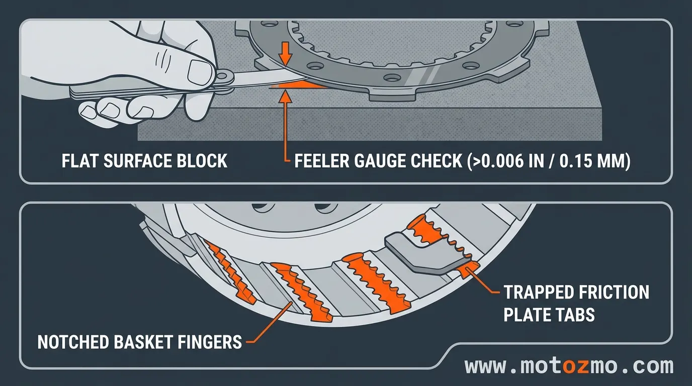 Motorcycle Clutch Dragging: Won't Disengage 3 Technical diagram showing feeler gauge testing on a warped clutch plate and notched clutch basket fingers