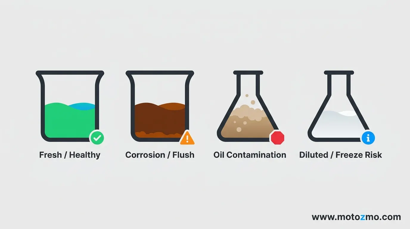 Motorcycle Coolant: Checking the Level and When to Flush 2 Four illustrated coolant samples showing fresh green fluid vs brown rust, milky oil mix, and diluted water