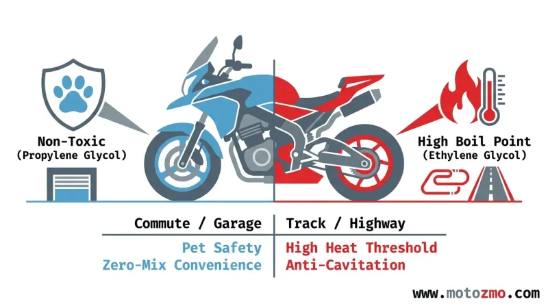 Home 30 Illustrated guide comparing non-toxic motorcycle coolant for commuters with high-boiling coolant for track bikes