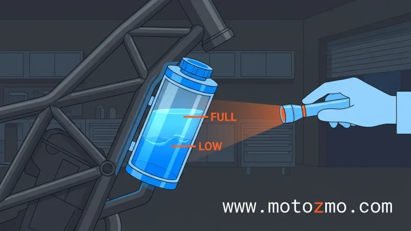 Home 31 Illustrated close-up of a motorcycle coolant reservoir with fluid level sitting correctly between LOW and FULL lines