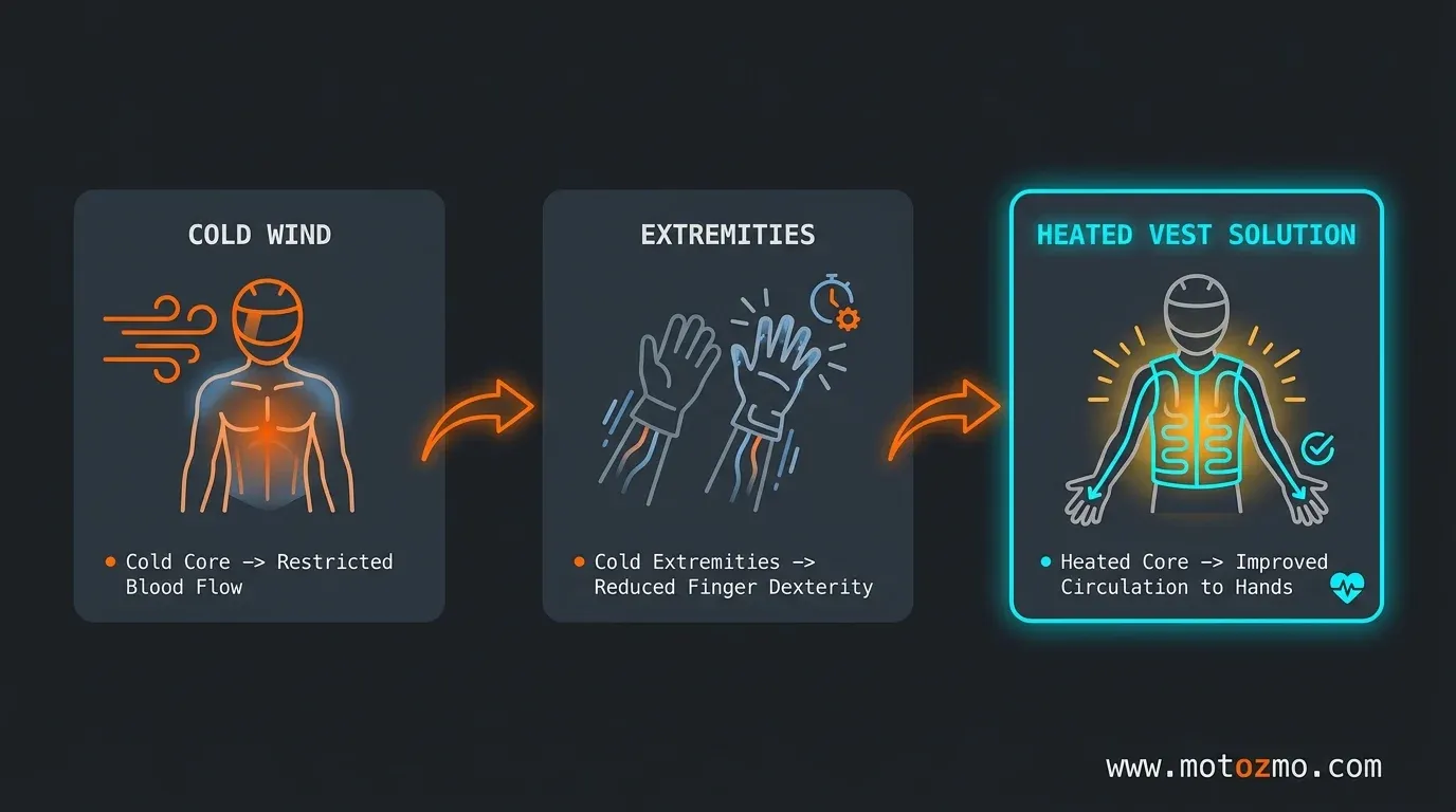 Infographic illustrating how keeping your core warm with a heated vest helps maintain blood flow to hands