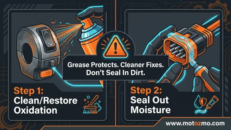Home 27 Diagram showing two-step process: spraying electrical contact cleaner first, then applying dielectric grease to protect