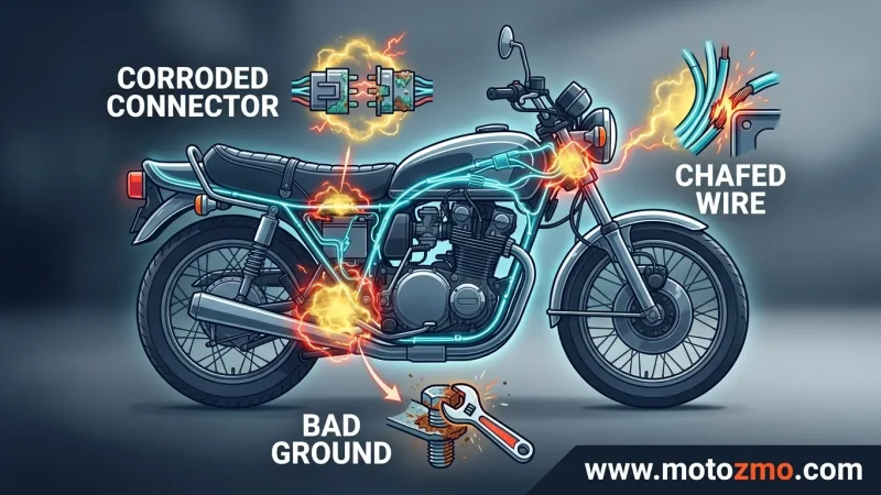 Home 31 Illustrated diagram showing "BAD GROUND," "CORRODED CONNECTOR," and "CHAFED WIRE" on a motorcycle chassis