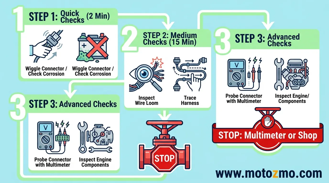 Motorcycle Electrical Problems: Wiring, Grounds & Connectors 3 Diagram showing three-step triage: Quick Checks (Connectors), Medium Checks (Wring Trace), and Advanced Checks (Multimeter)