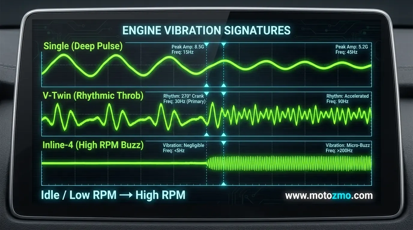Waveform graphic comparing normal vibration signatures for single cylinder, V-twin, and inline-four engines across RPM ranges