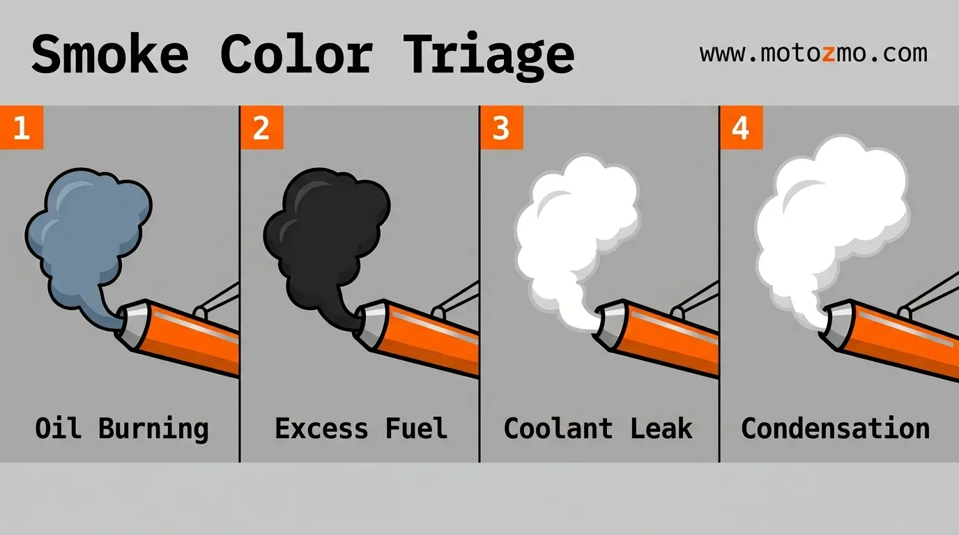 Color chart comparing blue, black, thick white, and thin white motorcycle exhaust smoke causes