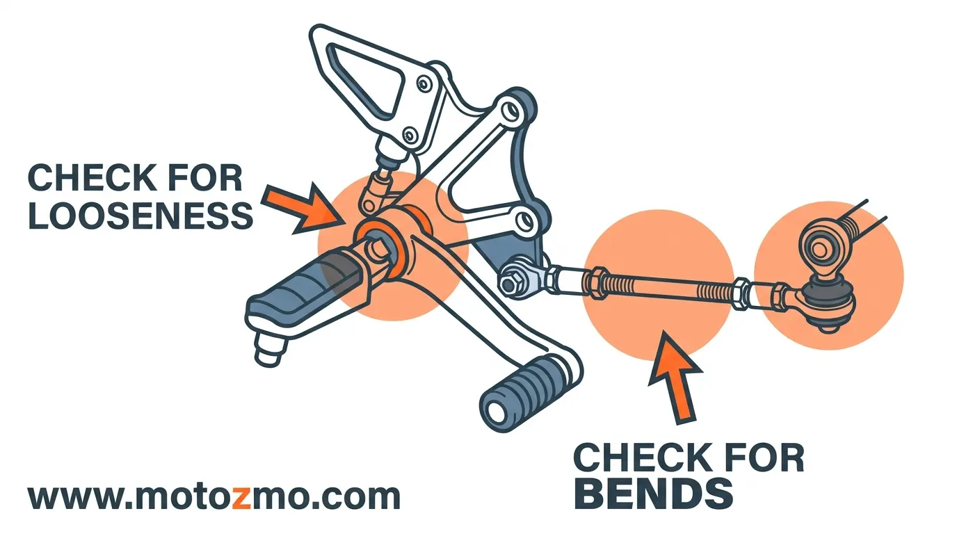 Motorcycle Jumping out of Gear or False Neutrals While Riding 3 Illustration of a motorcycle external shift linkage pointing out the pivot, rod, and joints to inspect for wear or damage