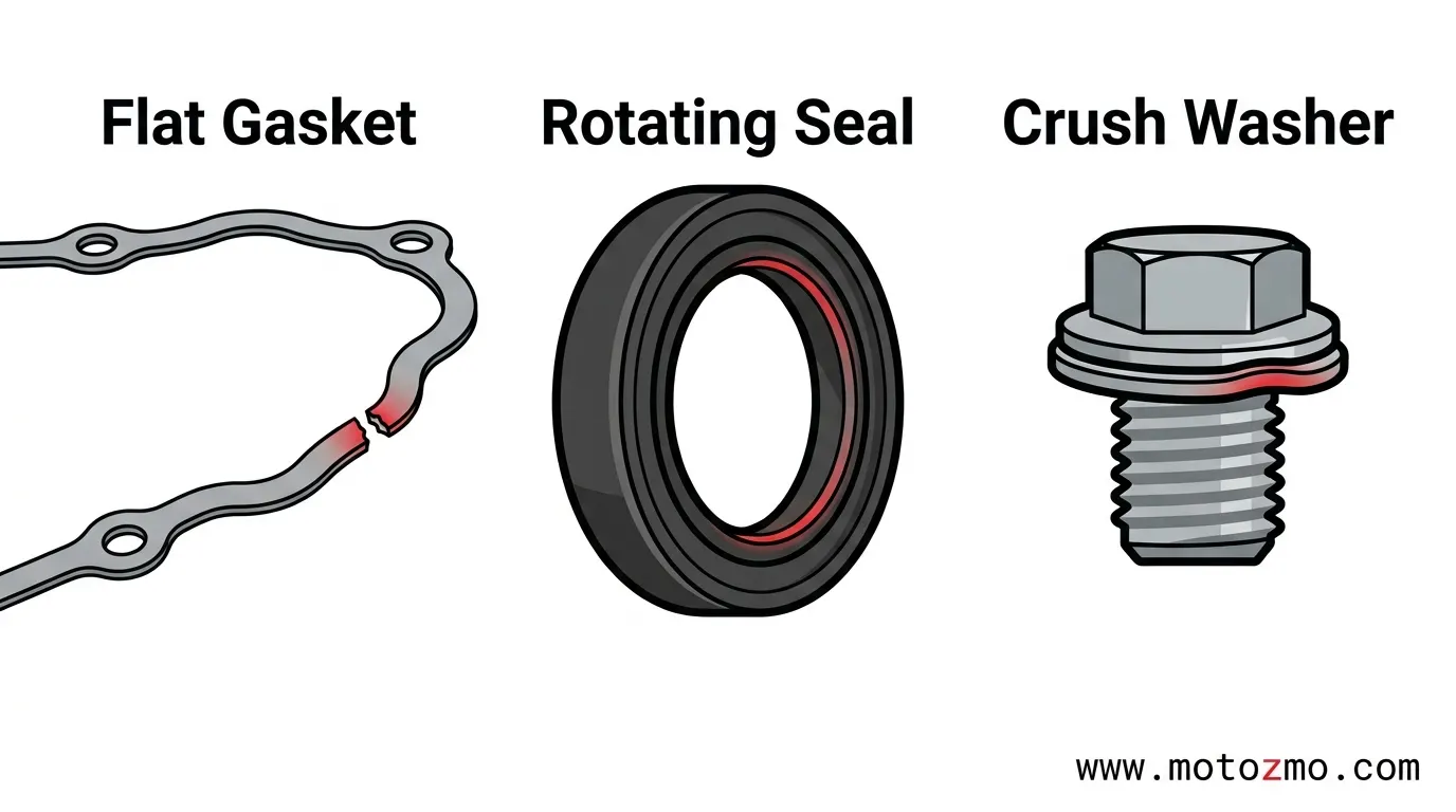 Motorcycle Oil Leak Causes: Gasket, Drain Plug, or Seal? 3 Comparison illustration of a motorcycle engine gasket, a rotating shaft seal, and a drain plug crush washer