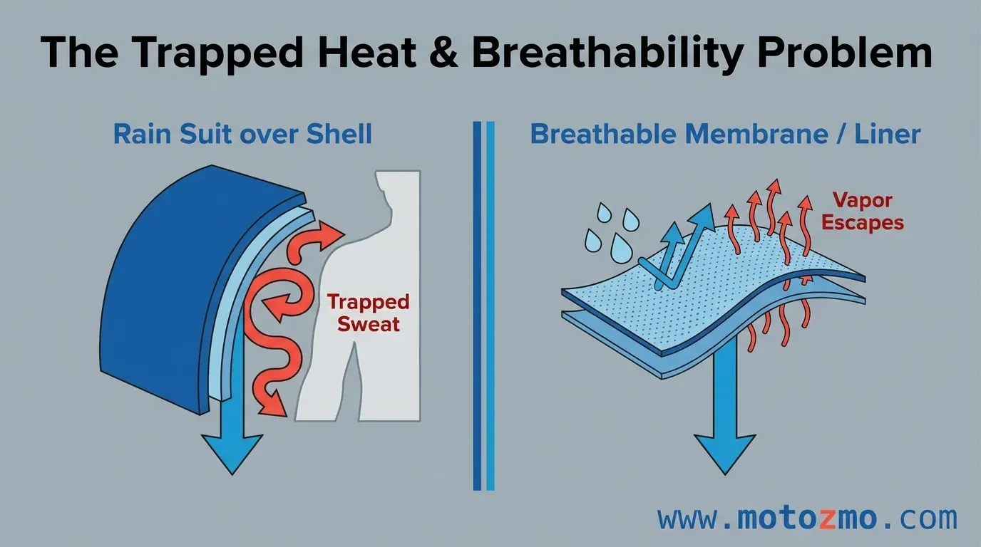 Cross-section diagram illustrating how stacked rain shells trap heat versus how breathable waterproof membranes work