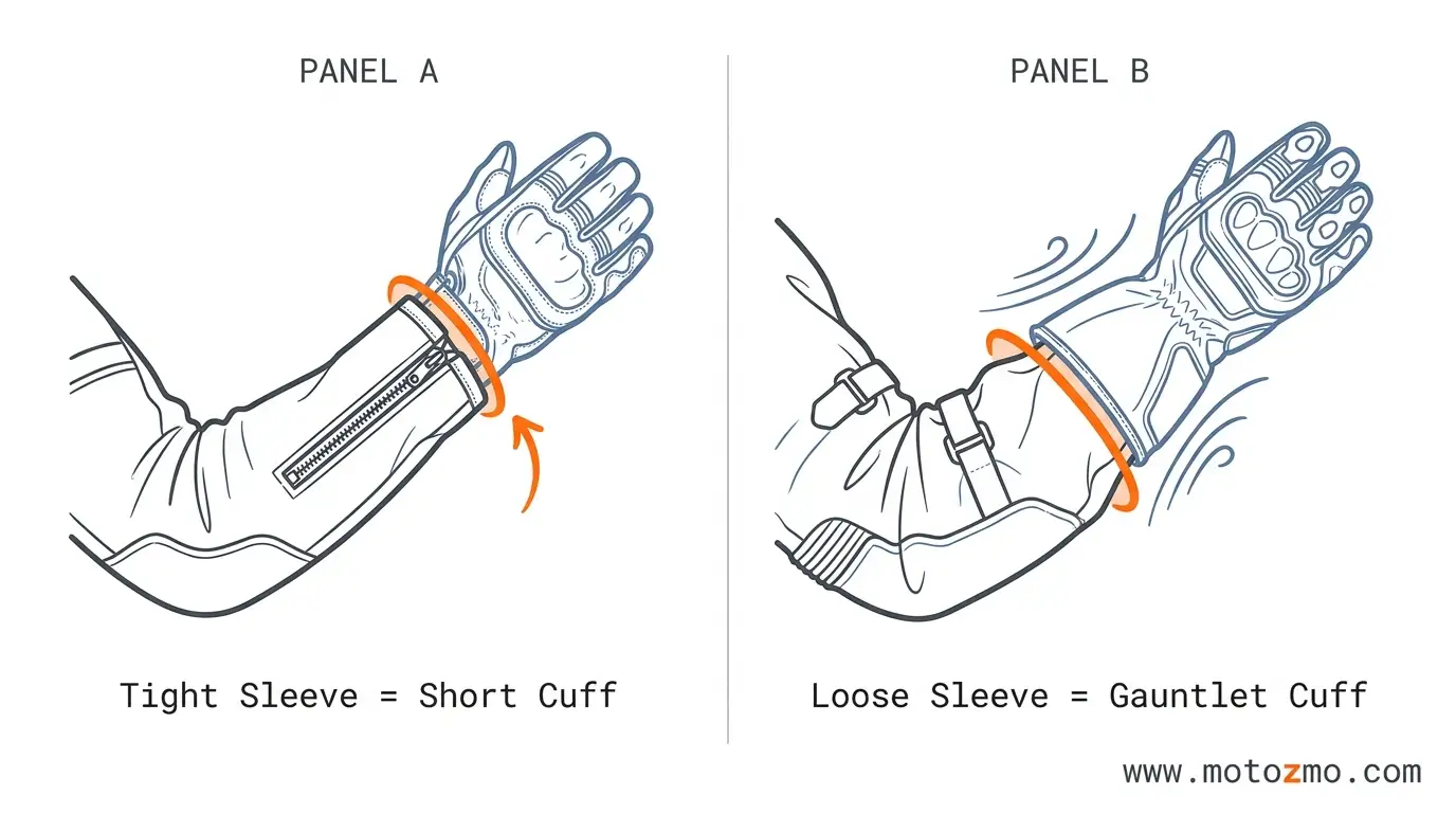 Minimalist diagram showing short cuff gloves pairing with tight sleeves and gauntlet cuffs sealing loose sleeves