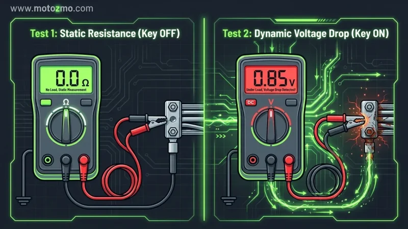 Home 29 Vector illustration comparing motorcycle ground resistance test and live circuit voltage drop test with multimeter