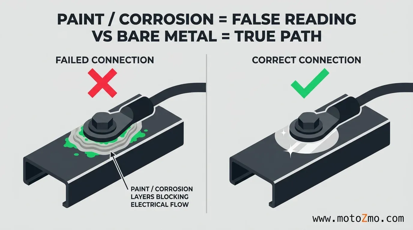 How to Test a Motorcycle Ground Connection 3 Visual diagram showing clean bare metal contact versus corroded painted frame ground points on a motorcycle