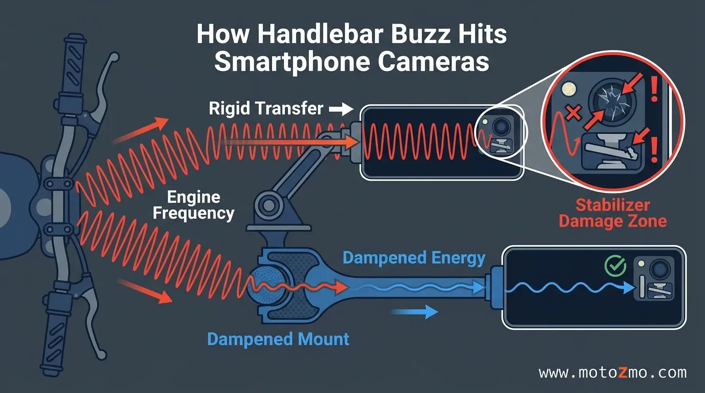 Graphic diagram showing how motorcycle handlebar vibration passes through a mount to damage phone camera stabilization