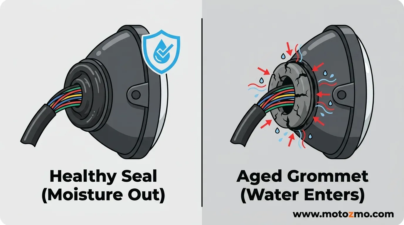 3 Common Motorcycle Wiring Failure Points 2 Side-by-side illustration comparing a flexible rubber wiring grommet with an aged, cracked grommet allowing water leaks