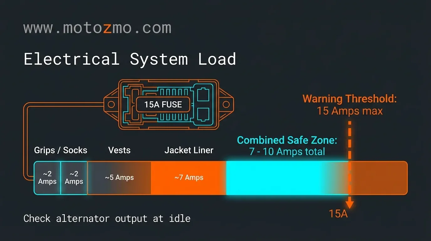 Infographic showing amp draw for motorcycle heated gear components and a 15 amp fuse limit