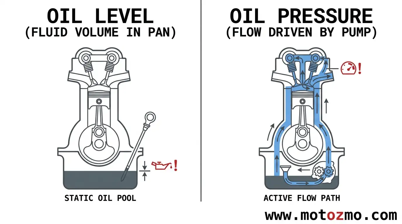 Diagram showing the difference between motorcycle engine oil level in the pan and oil pressure from the pump