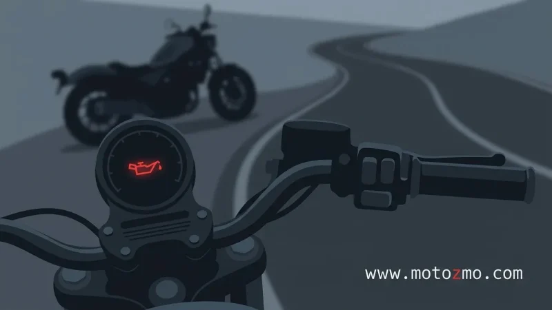 Home 29 Glowing red oil pressure warning light on a motorcycle instrument cluster pulled over on the road