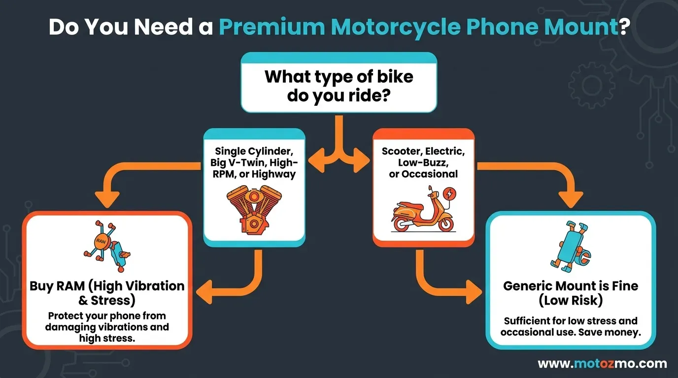 Decision flowchart helping motorcycle riders decide between buying a premium RAM mount or a cheaper generic mount