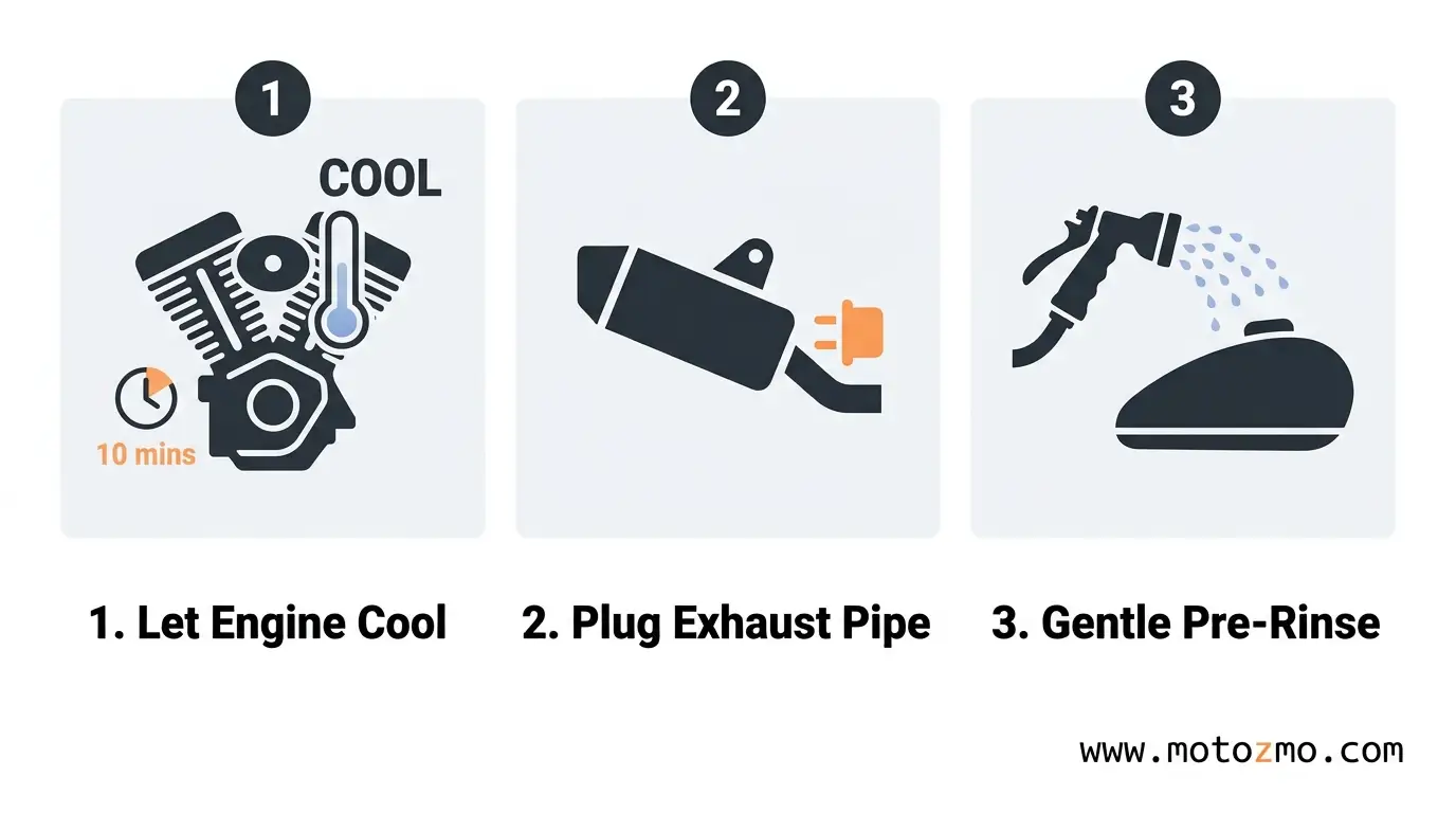 How to Wash a Motorcycle Without Damaging Paint or Seals 2 3-step vector illustration highlighting motorcycle engine cooling, exhaust plugging, and pre-rinsing before a wash
