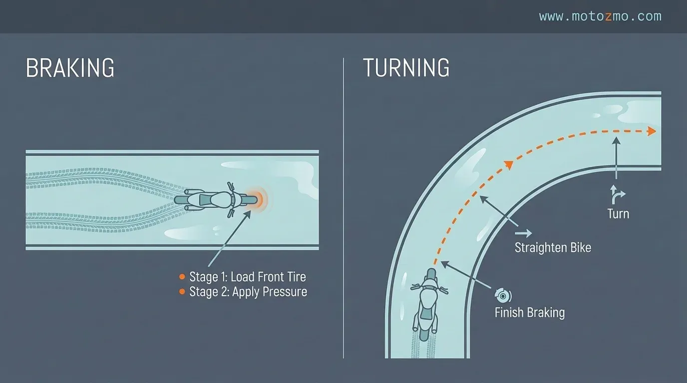 Diagram showing proper two-stage braking and upright cornering techniques for motorcycles on wet roads