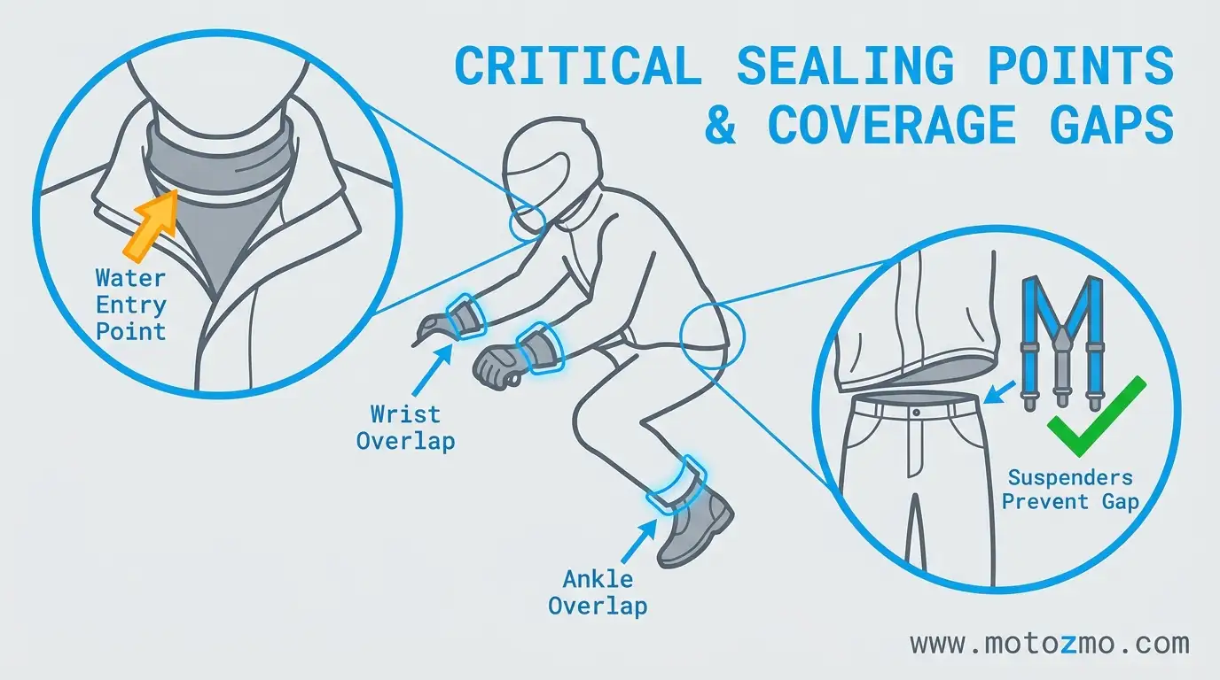 Illustration of key motorcycle rain gear sealing points including double collars, pant suspenders, and ankle overlaps