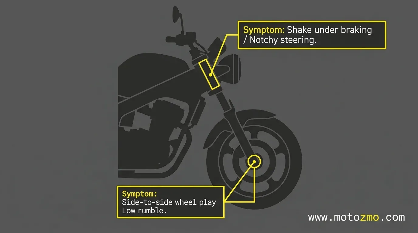 Illustration highlighting the physical locations and symptoms of steering head bearings versus wheel bearings
