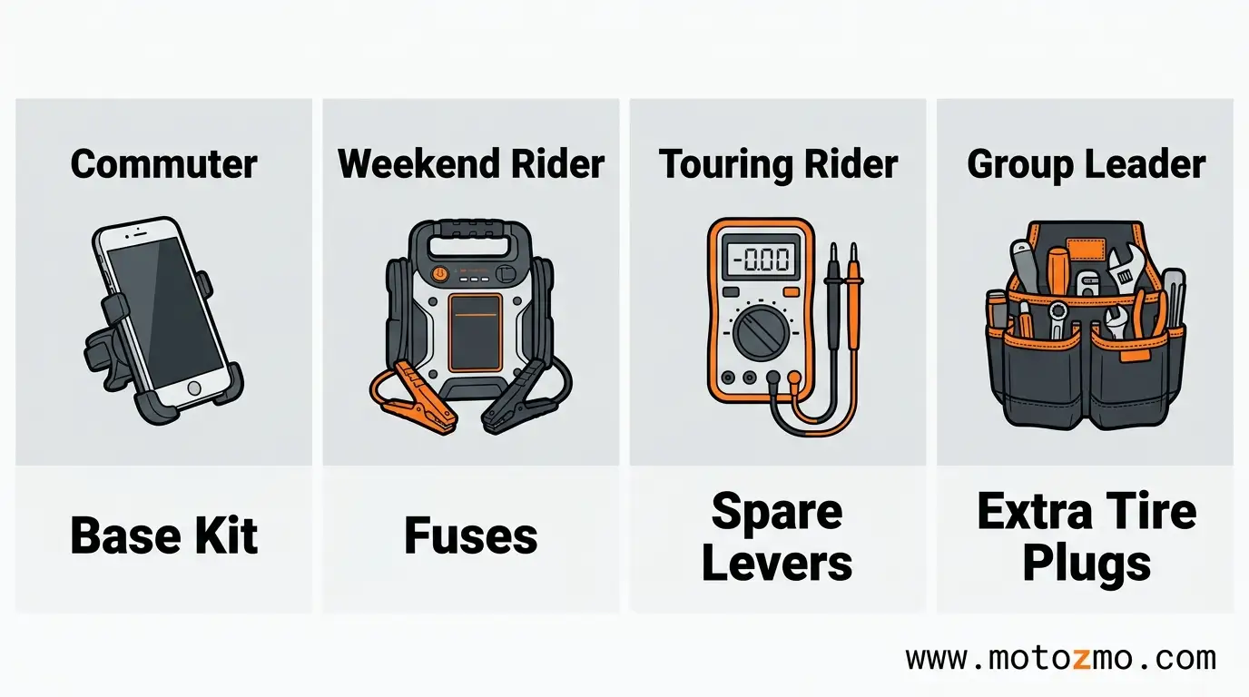 Essential Tools Motorcycle Owners Should Carry 3 Illustrated breakdown of motorcycle tool kit add-ons categorized by commuter, weekend, and touring riders