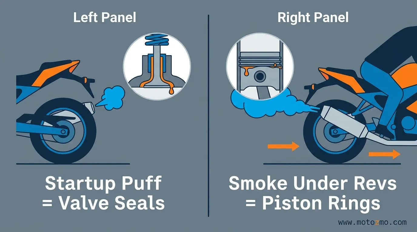Diagram comparing motorcycle startup blue smoke from valve seals versus acceleration smoke from piston rings