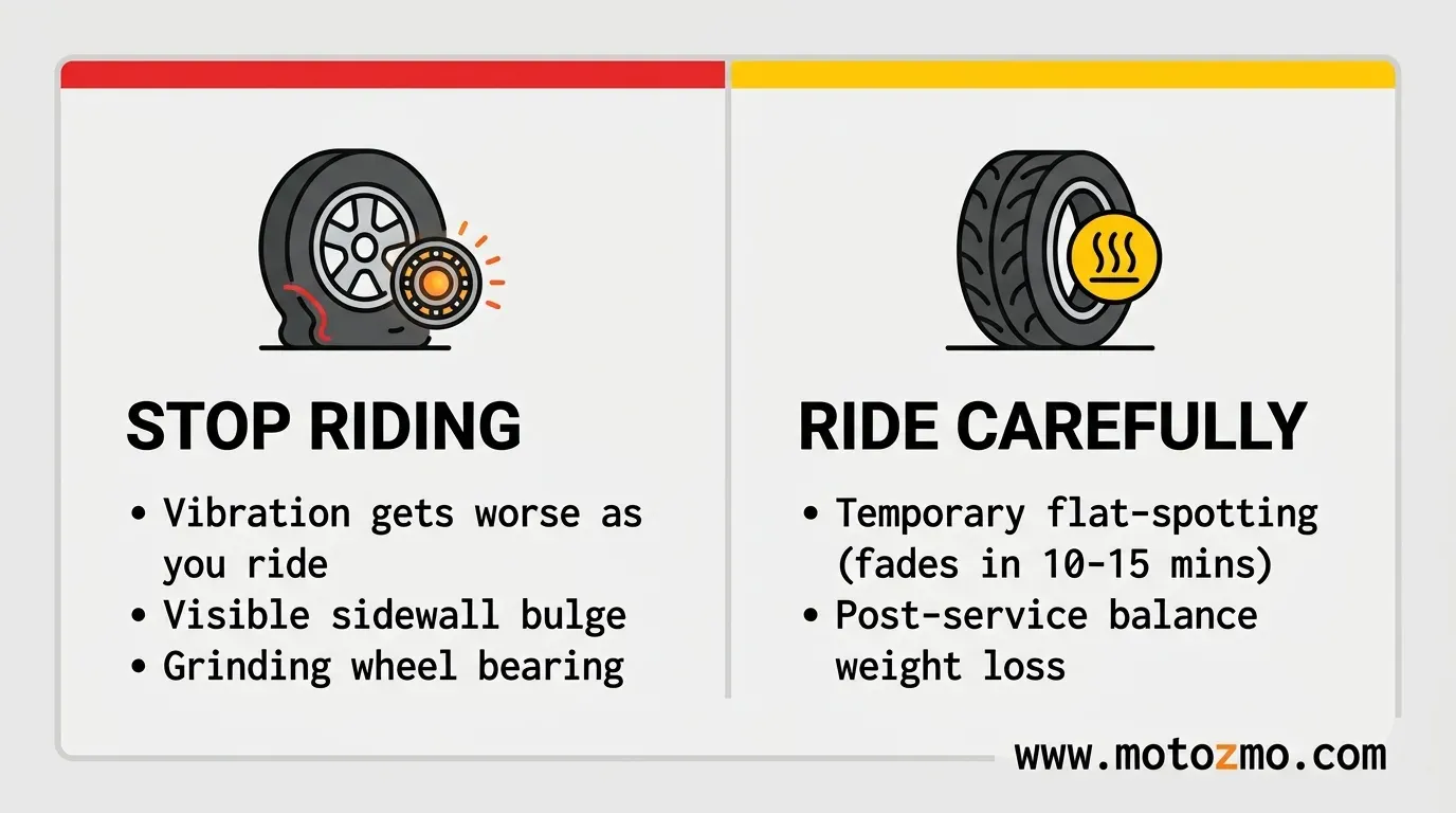 Color-coded motorcycle safety checklist outlining when sudden vibration requires stopping immediately versus inspecting