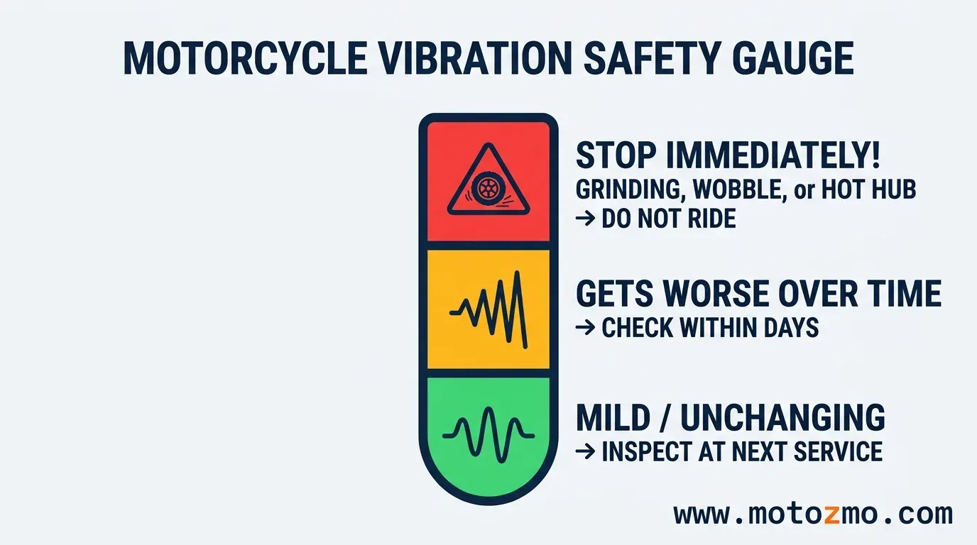 Safety risk gauge categorizing motorcycle vibration severity from low-risk buzz to high-risk wheel grinding