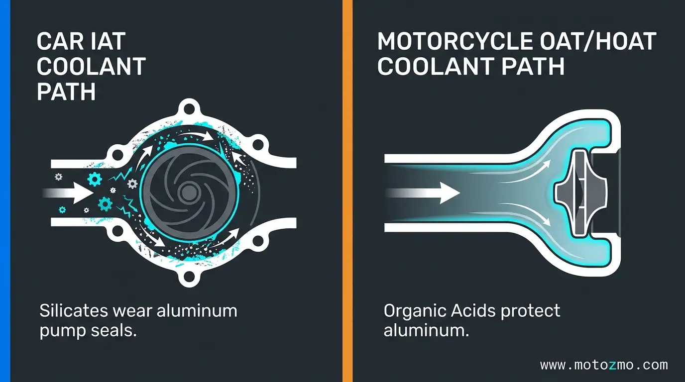 Motorcycle Coolant: Checking the Level and When to Flush 3 Diagram showing how abrasive silicates in car coolant damage motorcycle aluminum engine seals compared to silicate-free formulas