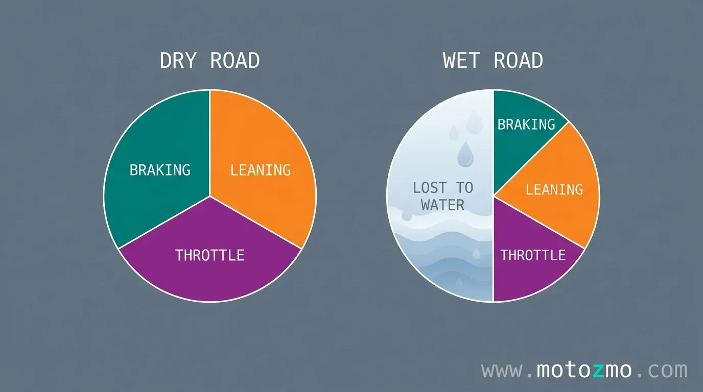 A minimal vector chart illustrating how wet pavement reduces a motorcycle's tire grip budget for braking and turning