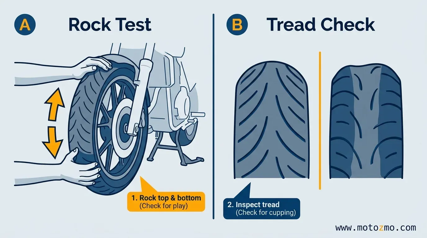 Illustration showing how to test motorcycle wheel bearings for play and inspect tire tread for cupping