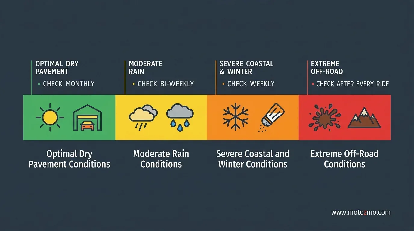 Infographic spectrum showing how rain, road salt, and off-road riding shorten motorcycle wheel bearing lifespan