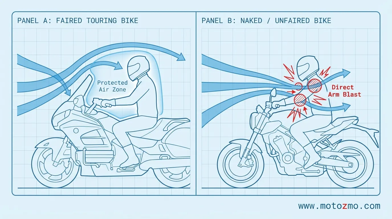 Illustration showing wind deflection on a faired touring motorcycle versus direct wind exposure on a naked bike