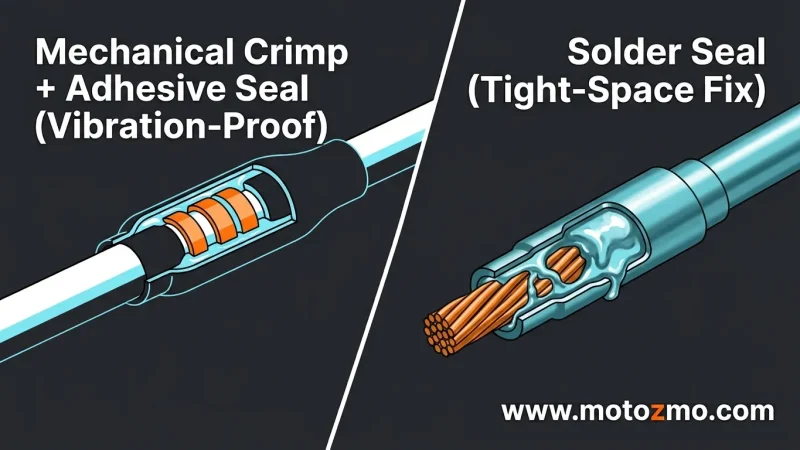Home 32 Illustrated diagram comparing mechanical crimp heat shrink splices versus solder seal connectors for motorcycle wire repair