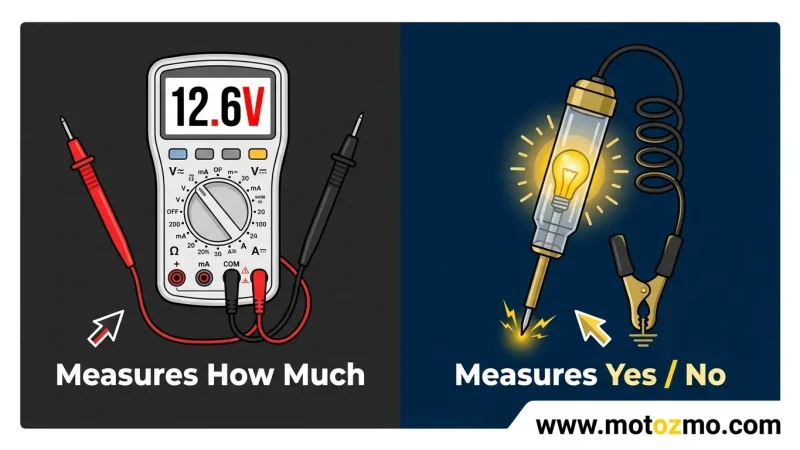 Home 24 Graphic comparing a digital multimeter reading 12.6 volts and a glowing test light for motorcycle electrical testing