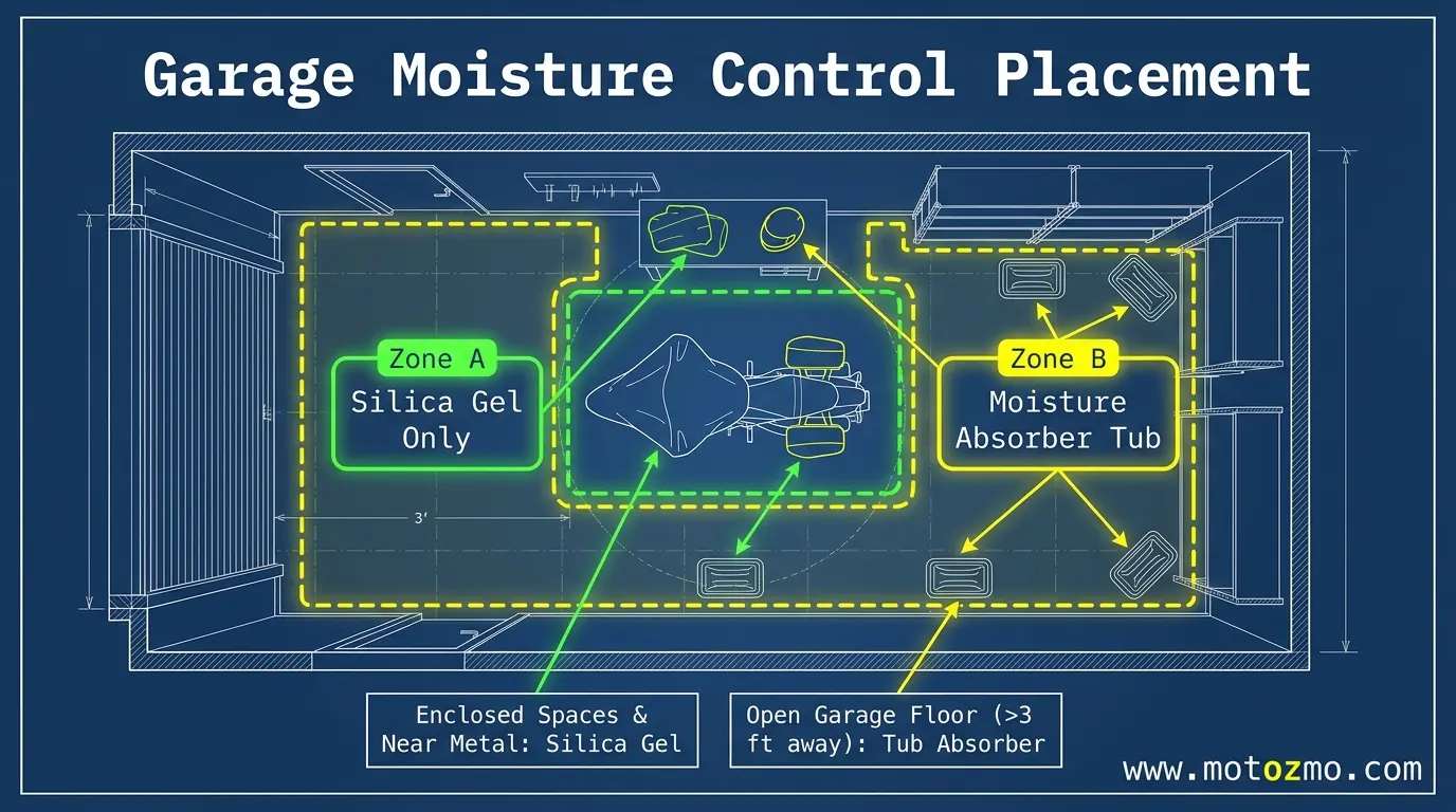 Blueprint illustration showing safe placement zones for silica gel inside bike covers and DampRid tubs on garage floors