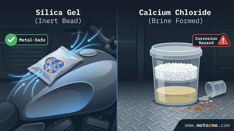Home 28 Side-by-side illustration comparing inert silica gel beads with a calcium chloride tub turning into liquid brine