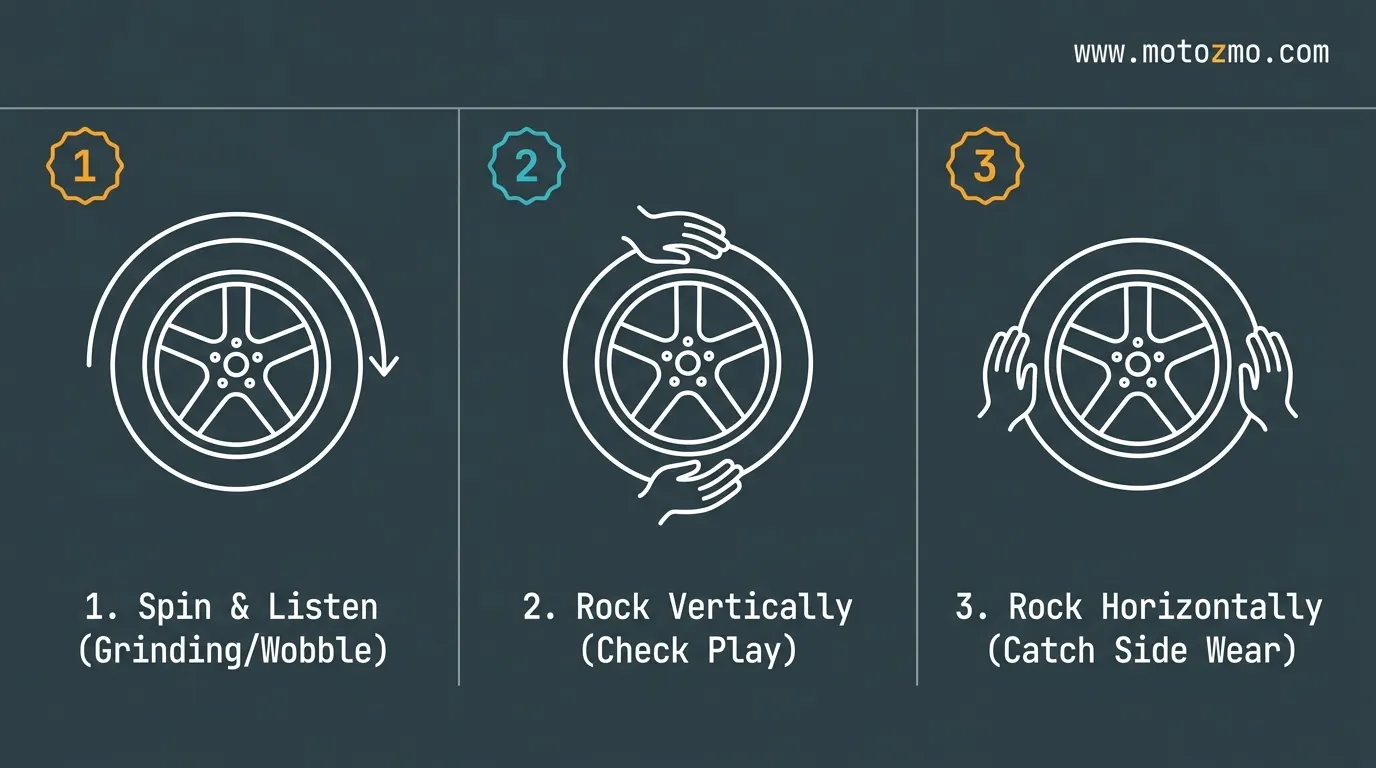 Three-panel illustration demonstrating how to spin and rock a motorcycle wheel to test for bad bearings