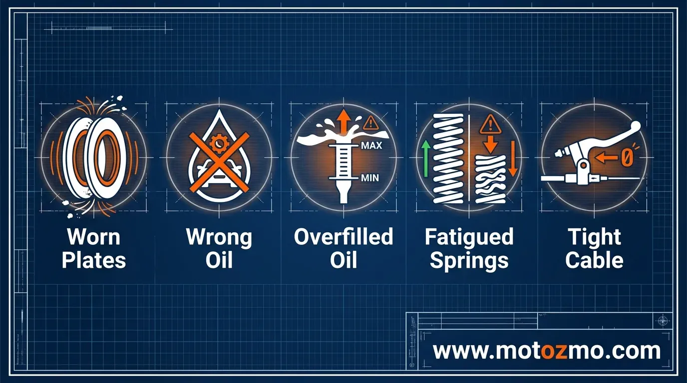 Five causes of motorcycle clutch slip: worn plates, wrong oil, overfilled oil, tired springs, and a tight clutch cable