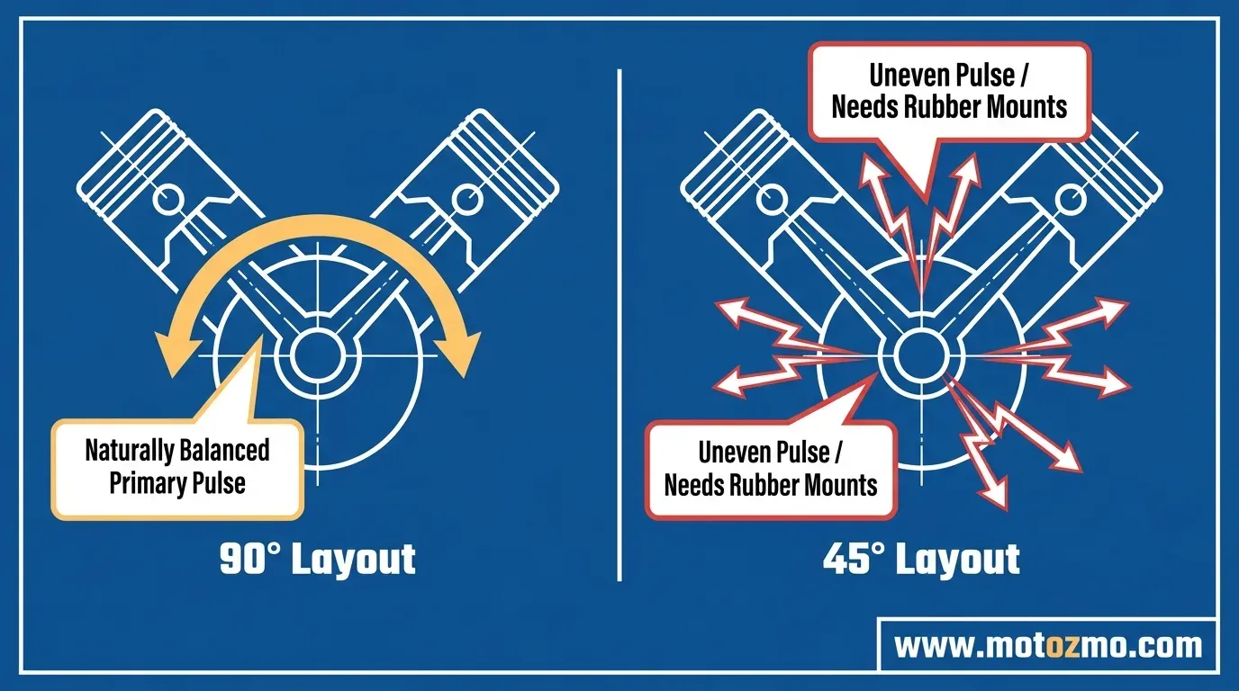 Diagram illustrating the cylinder angle difference and primary balance between a 90-degree and 45-degree V-twin engine