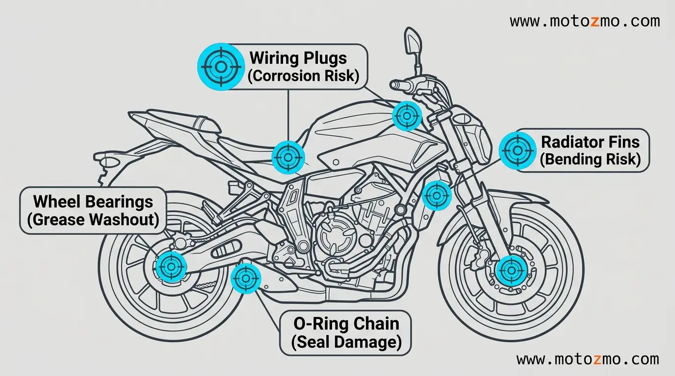 How to Wash a Motorcycle Without Damaging Paint or Seals 3 Technical illustration pinpointing vulnerable motorcycle components like wheel bearings, chain, wiring, and radiator