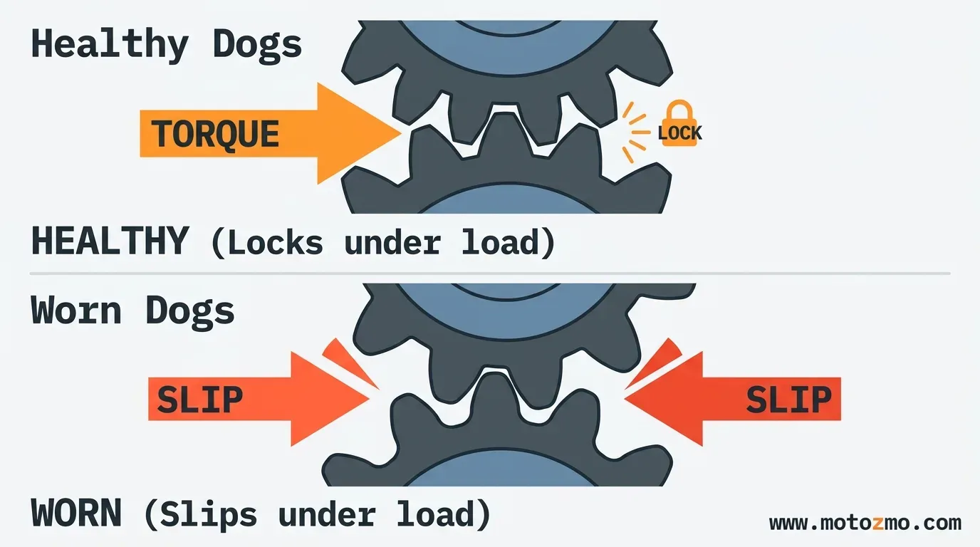 Motorcycle Jumping out of Gear or False Neutrals While Riding 2 Diagram comparing healthy motorcycle gear dog teeth locking under torque versus worn rounded dogs slipping apart
