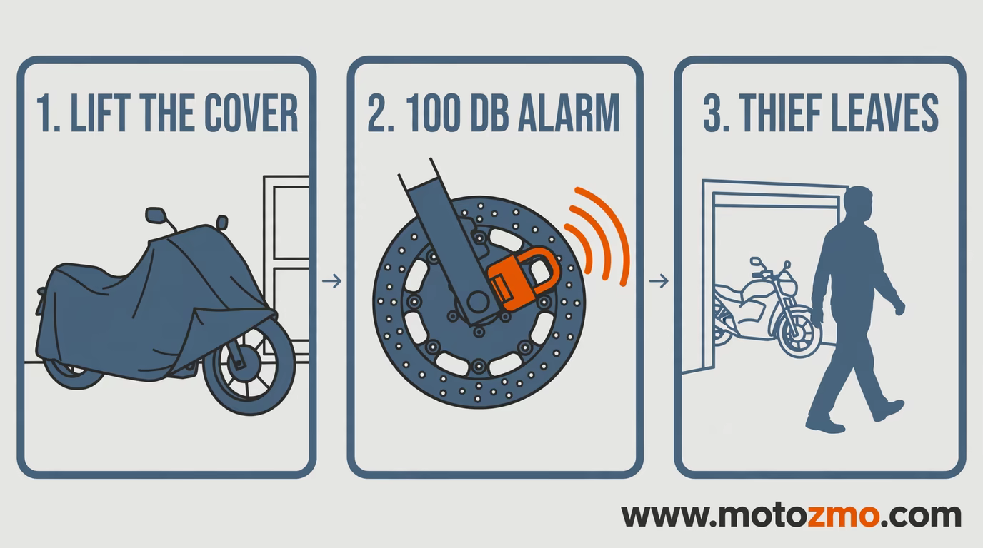 Three steps: lifting a motorcycle cover, an Abus alarm disc lock sounding at 100 dB, and a thief leaving the garage
