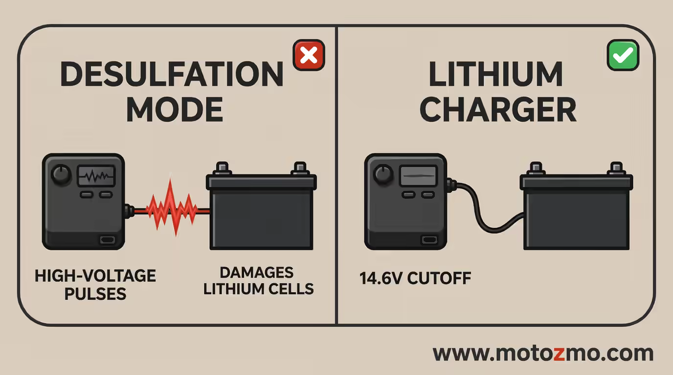 A desulfation charger mode can damage lithium cells; a lithium charger stops at a 14.6V cutoff