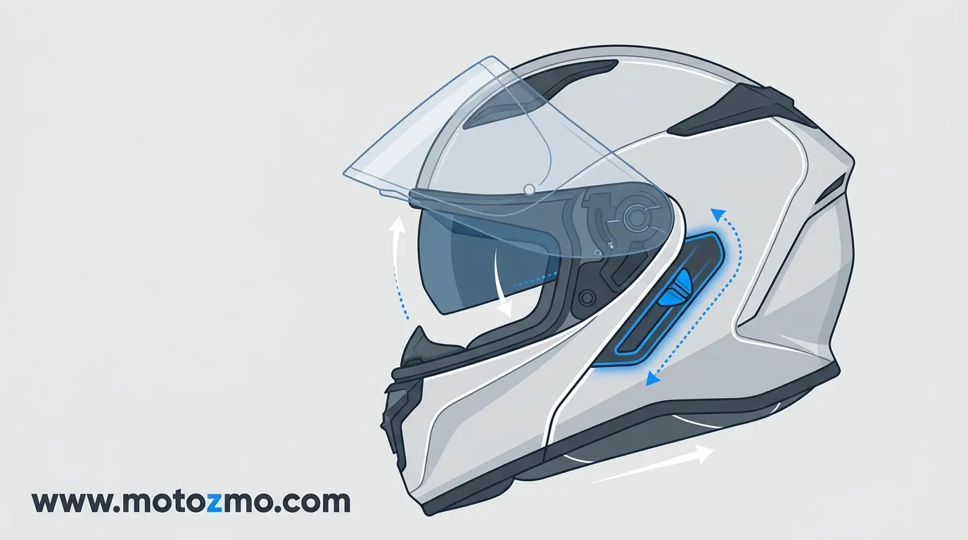 a motorcycle helmet showing an internal drop-down sun visor