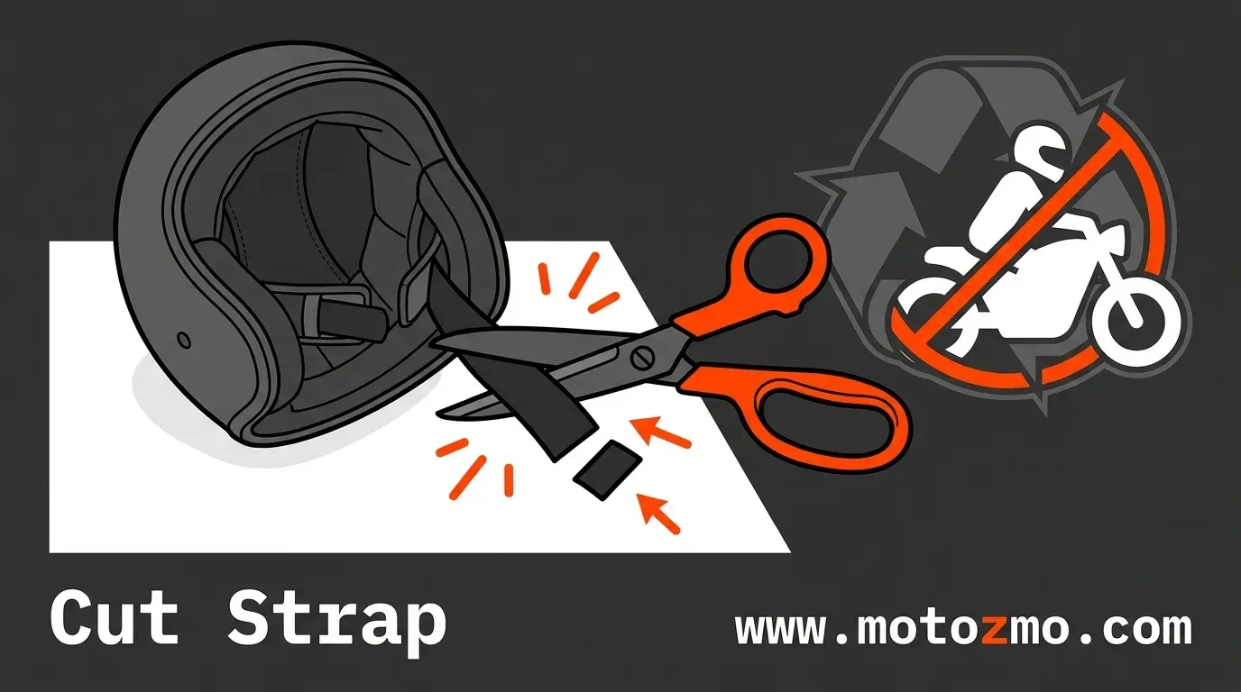 scissors cutting a motorcycle helmet chin strap